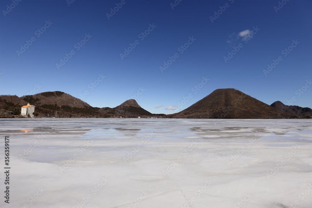 冬の景色、氷が張った湖