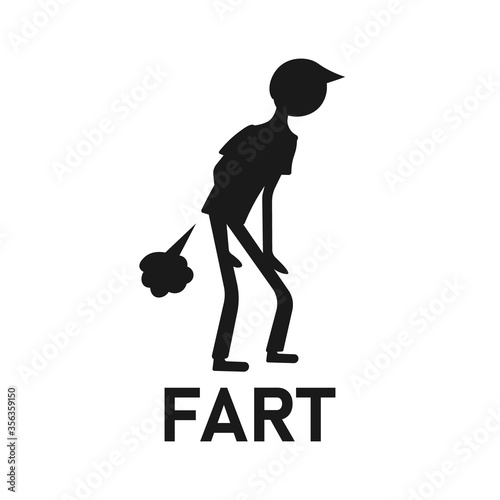 Standing man relieved of farting silhouette. Stinky and smelly fart icon. Diarrhea medical symptom sign. Bad smell. Flatulence gas symbol. Digestive problem. Health flat vector character illustration.