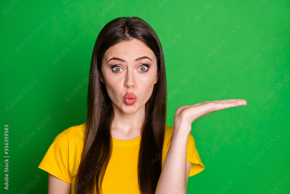 Portrait of astonished girl indicate incredible ads promotion impressed stare stupor hold hand lips pouted plump wear good look clothes isolated over vivid color background Portrait of astonished girl indicate incredible ads promotion impressed stare stupor hold hand lips pouted plump wear good look clothes isolated over vivid color background