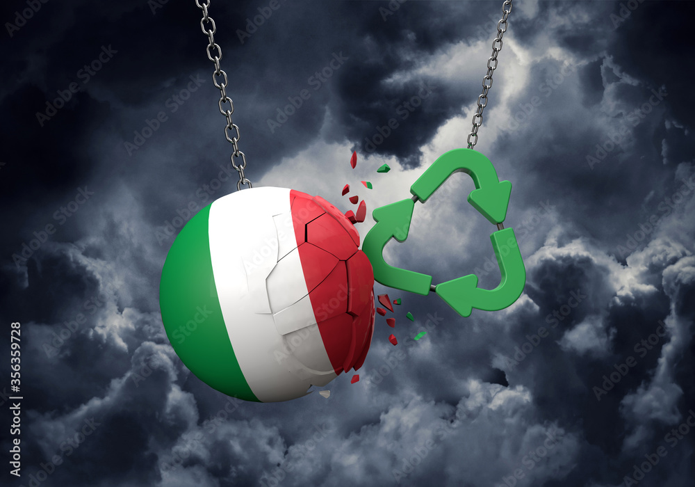 Obraz premium Green recycle symbol crashing into a Italy flag ball. 3D Rendering
