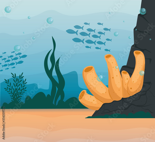underwater background, undersea coral reef, ocean fish and marine algae scene, habitat marine concept vector illustration design