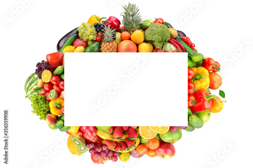 Rectangular fruit and vegetable frame isolated on white background.