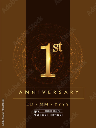 1st anniversary poster design on golden and elegant background, vector design for anniversary celebration, greeting card and invitation card.