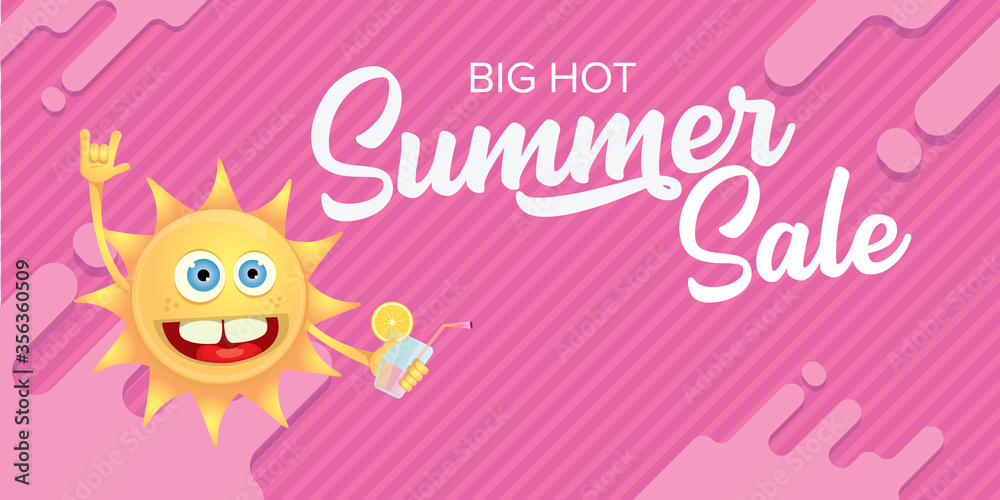 summer sale horizontal web banner or vector label with summer happy sun character wearing sunglasses and holding cocktail isolated on pink horizontal background