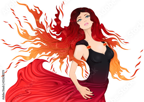 Vector illustration of a beautiful young woman with long hair in a flowing dress in the form of the fire element. Isolated on white background.
