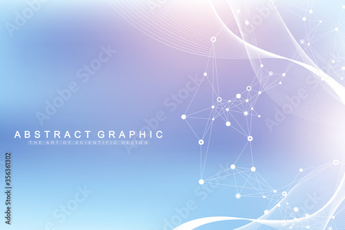 Big Genomic Data Visualization. DNA helix, DNA strand, DNA Test. CRISPR CAS9 - Genetic engineering. Molecule or atom, neurons. Abstract structure for Science or medical background, banner. Wave flow.