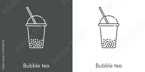 Té con tapioca en vaso de plástico. Icono plano lineal con texto Bubble tea en fondo gris y fondo blanco