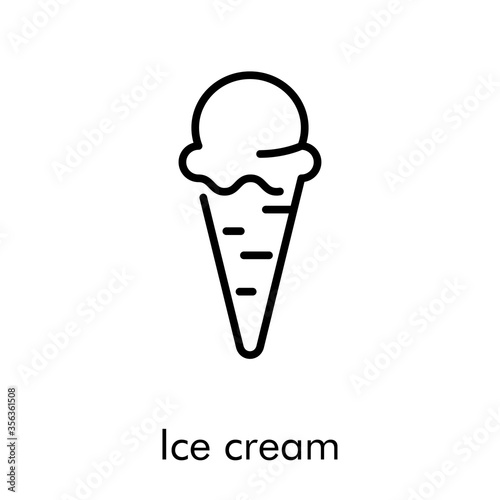 Símbolo helado en cono de galleta. Icono plano lineal con texto Ice cream en color negro