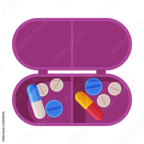 Pill Box Organizer, Pills and Capsules in Plastic Container Flat Style Vector Illustration on White Background