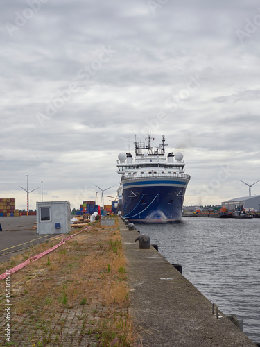 The Geo Caribbean moored up alongside the Quay at the Container Terminal in Den Haag, near Amsterdam, The Netherlands. Head on Picture. photo