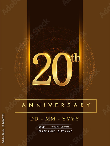 20th anniversary poster design on golden and elegant background, vector design for anniversary celebration, greeting card and invitation card.
