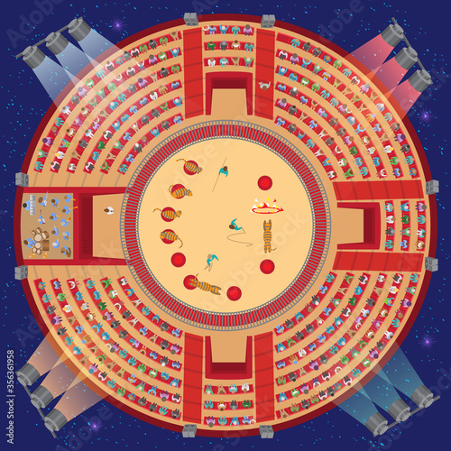Vector Illustration. Circus top view. In the arena of trainers of tigers.
Arena, entrances, seating, floodlights, people, orchestra. (view from above) 