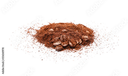 Coffee powder with beans on white background