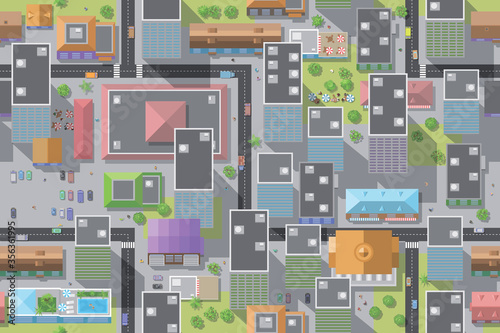 Seamless pattern of the urban landscape. (top view) Vector illustration. The city with streets, houses, roads, cars. (view from above)