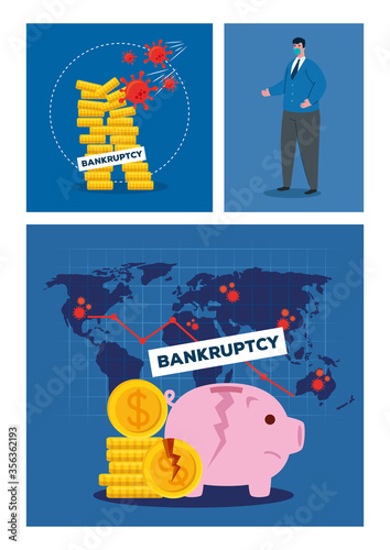 businessman with mask broken coins and piggy design of bankruptcy and covid 19 virus theme Vector illustration