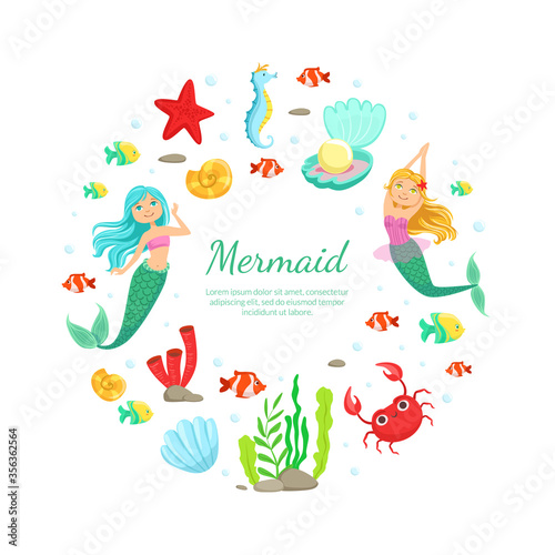 Mermaid Banner Template Cute and Aquatic Nature Elements of Round Shape and Space for Text  Under the Sea Theme Party Greeting or Invitation Card  Flyer Vector Illustration