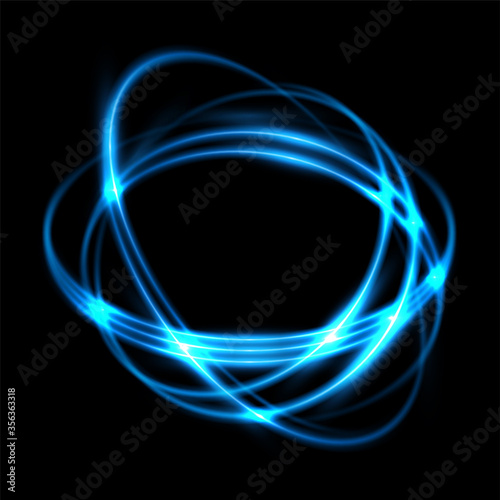 Shining rings symbolizing the motion of atomic particles. A luminous energy object. Vector illustration