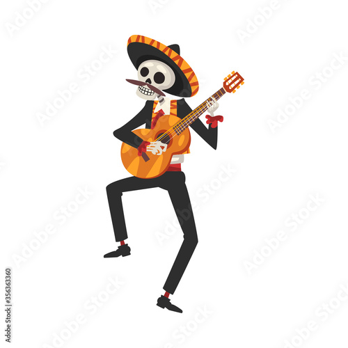 Male Skeleton in the Mexican National Costume Playing Guitar, Day of the Dead Dia de los Muertos Concept Vector Illustration
