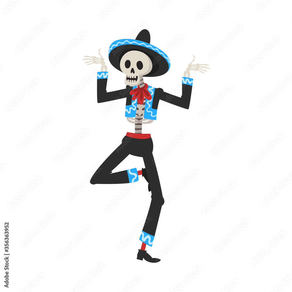 Male Skeleton in Mexican National Costume and Sombrero Hat Dancing at Festival, Day of the Dead Dia de los Muertos Concept Vector Illustration