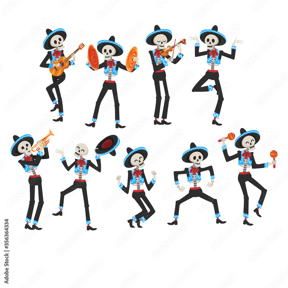Male Skeletons in Mexican National Costumes and Sombrero Hats Playing Music Instruments and Dancing, Day of the Dead Dia de los Muertos Concept Vector Illustration