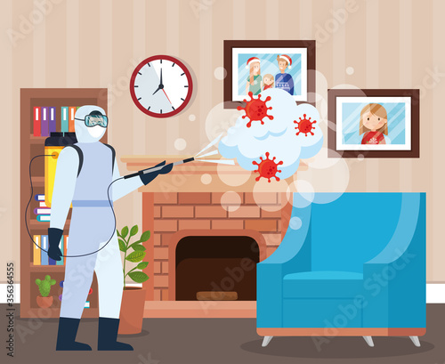 Man with protective suit spraying home room with covid 19 virus design, Disinfects clean and antibacterial theme Vector illustration