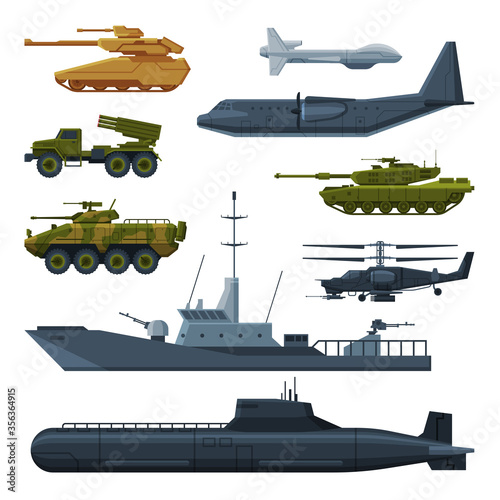 Armored Army Vehicles Collection, Military Heavy Special Transport Flat Vector Illustration