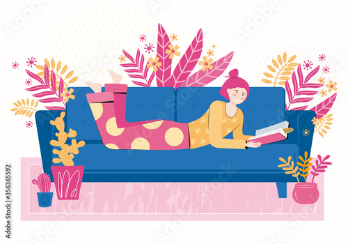 Young woman reads a book lying on the sofa in the living room of the house. Relax and have a good time at home. Book lover, reader, modern literature fan. Flat cartoon colorful vector illustration