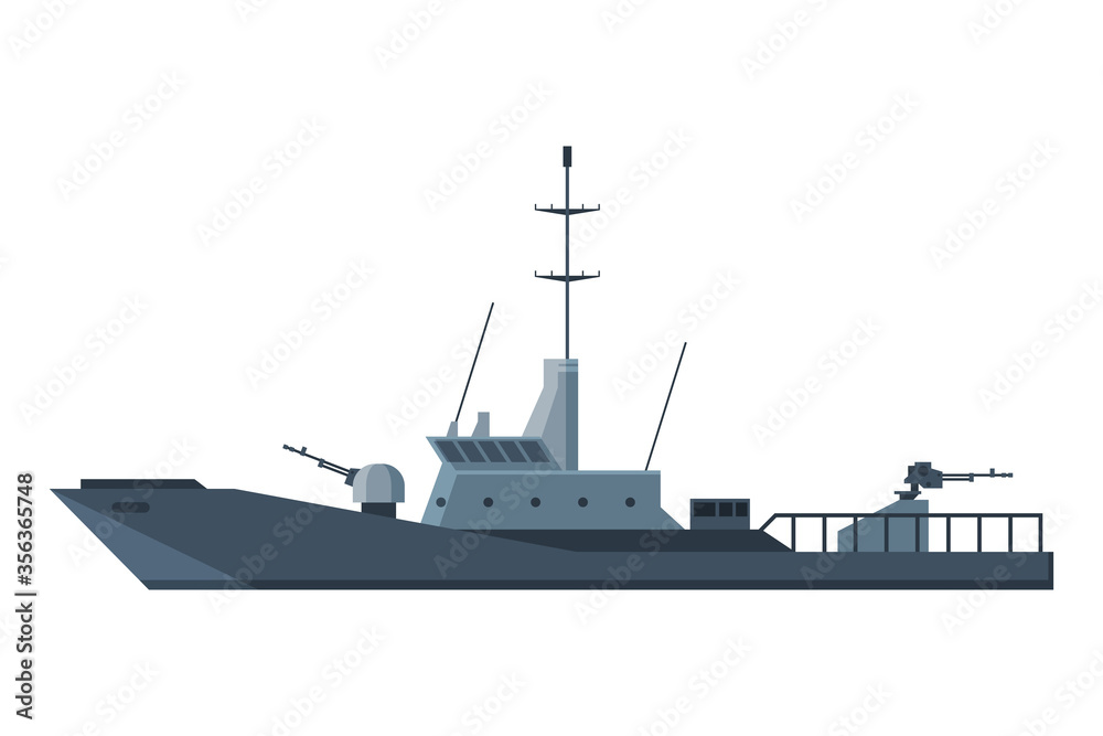 Naklejka premium Armored Military Ship, Heavy Special Battleship Flat Vector Illustration