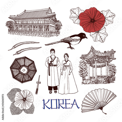 Korean cultural symbols. Vector set hand drawn outlines with pen and ink. Traditional clothes and cuisine, nature and landmarks, lettering. Isolated elements on white background. Travel concept.    