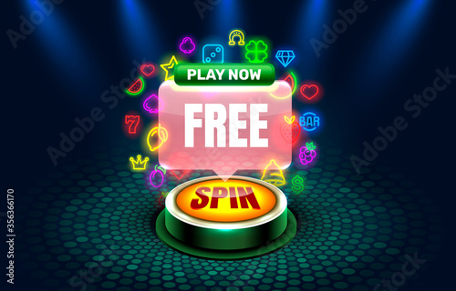 Casino free spins slots neon icons, golden slot sign machine, night Vegas.
