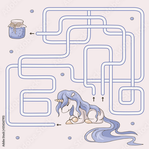 Labyrinth. Maze game for kids. Help cute cartoon unicorn find path to jam jar. Light purple and beige pastel colors. Vector illustration.