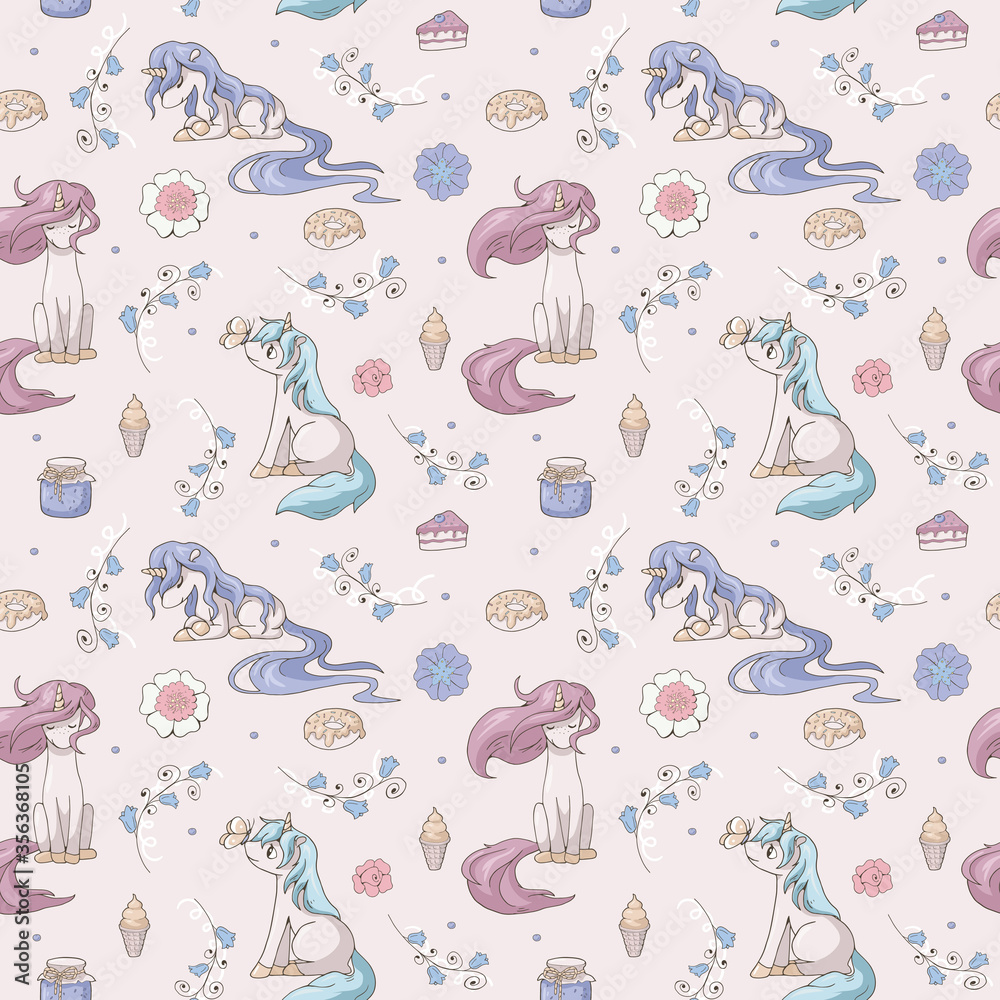 Seamless pattern made of unicorn theme illustrations. Three cute cartoon unicorns, deserts and flowers. Endless texture for design. For kids products (room, clothes, stationery). Light pastel colors.