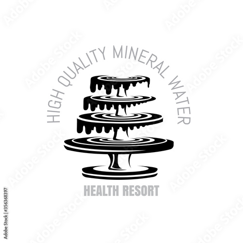 Four tier water fountain isolated on white. Vector logo or label for mineral watter or health resort.