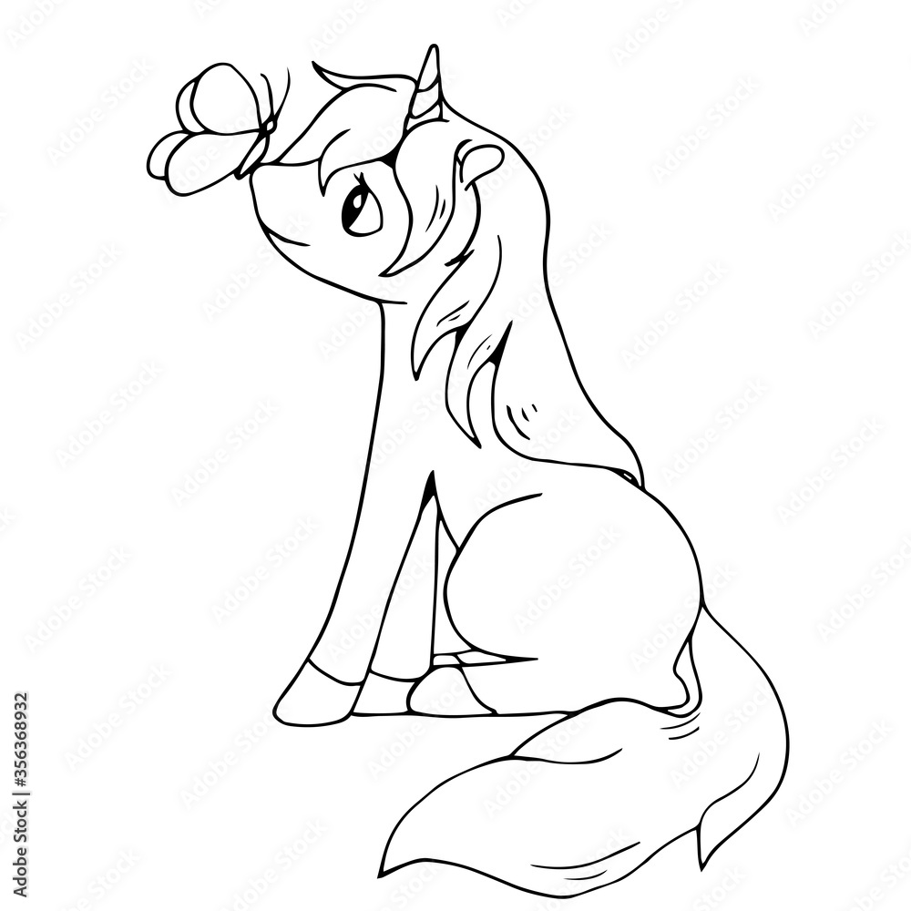 Cute cartoon unicorn with a butterfly on its nose. Isolated object on white background. White and black vector illustrations for coloring book.