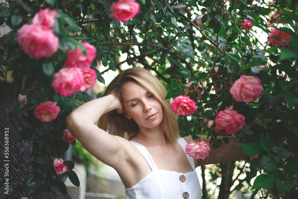 blond woman smiling in a flowering bush of pink roses blond woman smiling in a flowering bush of pink roses