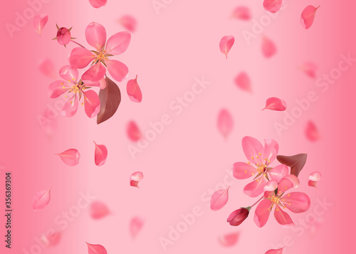 Seamless pattern with pink blossoming cherry and falling petals for bed linen