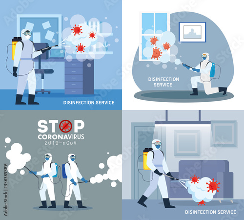 Men with protective suit spraying office rooms with covid 19 virus design, Disinfects clean and antibacterial theme Vector illustration