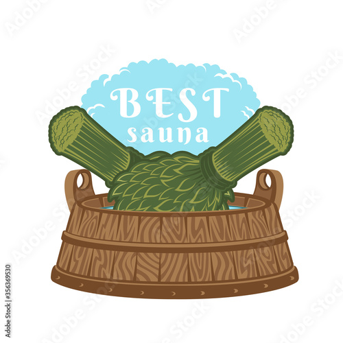 Label for sauna, banya or bathhouse. Two besom in wooden tub. Color vector illustration