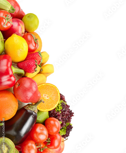 Fruits and vegetables isolated on white background. Free space for text.