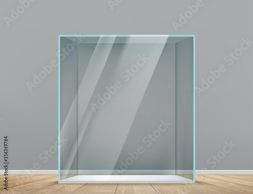 Glass empty transparent cube indoors. Vector template