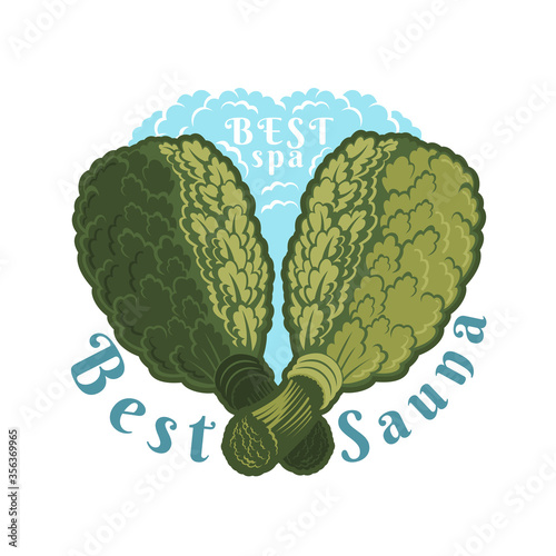 Label for sauna, banya or bathhouse. Two crossed oak besoms with steam. Color vector illustration