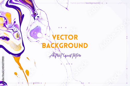 Fluid art texture. Backdrop with abstract swirling paint effect. Liquid acrylic artwork with trendy mixed paints. Can be used for website background. Purple, white and golden overflowing colors