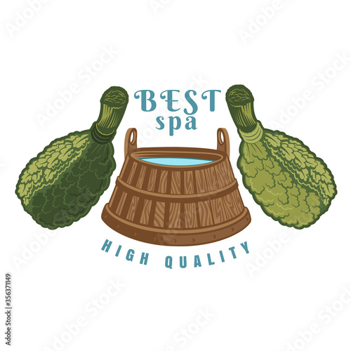 Label for sauna, banya or bathhouse. Wooden tub between oak besoms. Color vector illustration