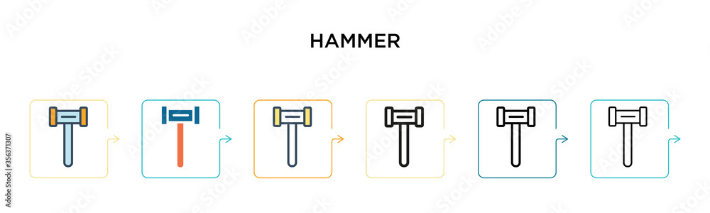 Hammer vector icon in 6 different modern styles. Black, two colored hammer icons designed in filled, outline, line and stroke style. Vector illustration can be used for web, mobile, ui Hammer vector icon in 6 different modern styles. Black, two colored hammer icons designed in filled, outline, line and stroke style. Vector illustration can be used for web, mobile, ui