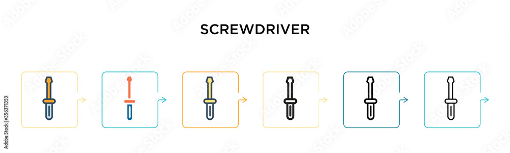 Screwdriver vector icon in 6 different modern styles. Black, two colored screwdriver icons designed in filled, outline, line and stroke style. Vector illustration can be used for web, mobile, ui Screwdriver vector icon in 6 different modern styles. Black, two colored screwdriver icons designed in filled, outline, line and stroke style. Vector illustration can be used for web, mobile, ui