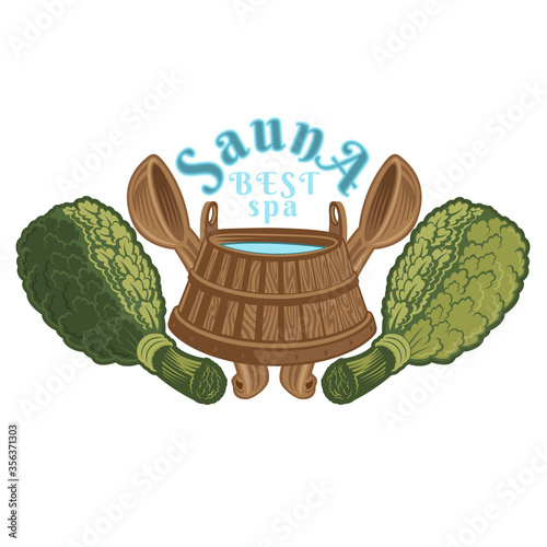 Label for sauna, banya or bathhouse. Wooden tub between two sauna broom with crossed ladles. Color vector illustration