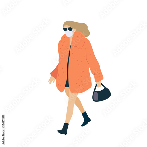 Walking woman in surgical mask and in fashionable fur coat with handbag. Vector flat adult character cartoon isolated illustration.