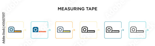 Measuring tape vector icon in 6 different modern styles. Black, two colored measuring tape icons designed in filled, outline, line and stroke style. Vector illustration can be used for web, mobile, ui