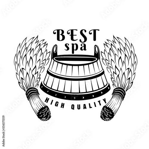 Label for sauna, banya or bathhouse. Wooden tub between two sauna birch broom