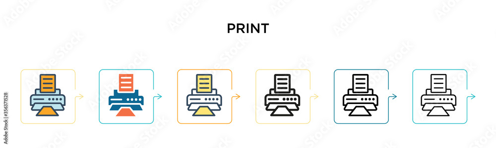 Print vector icon in 6 different modern styles. Black, two colored print icons designed in filled, outline, line and stroke style. Vector illustration can be used for web, mobile, ui Print vector icon in 6 different modern styles. Black, two colored print icons designed in filled, outline, line and stroke style. Vector illustration can be used for web, mobile, ui